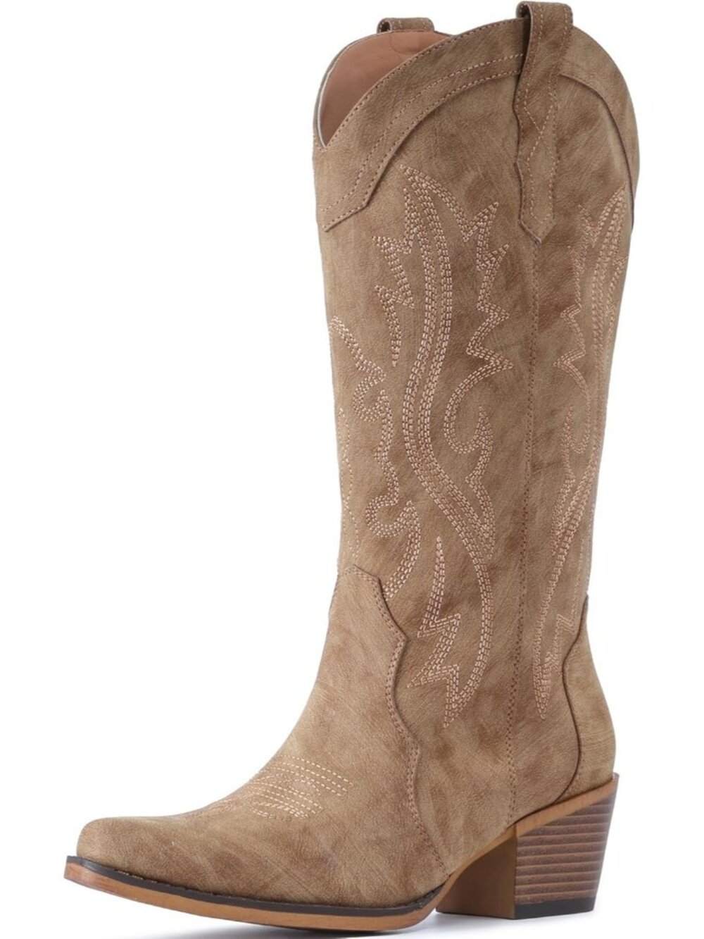 Women's Camel Rubber Mid Calf Embroidered Stitched Pointed Toe Chunky Heel Boots - Picture 4 of 6